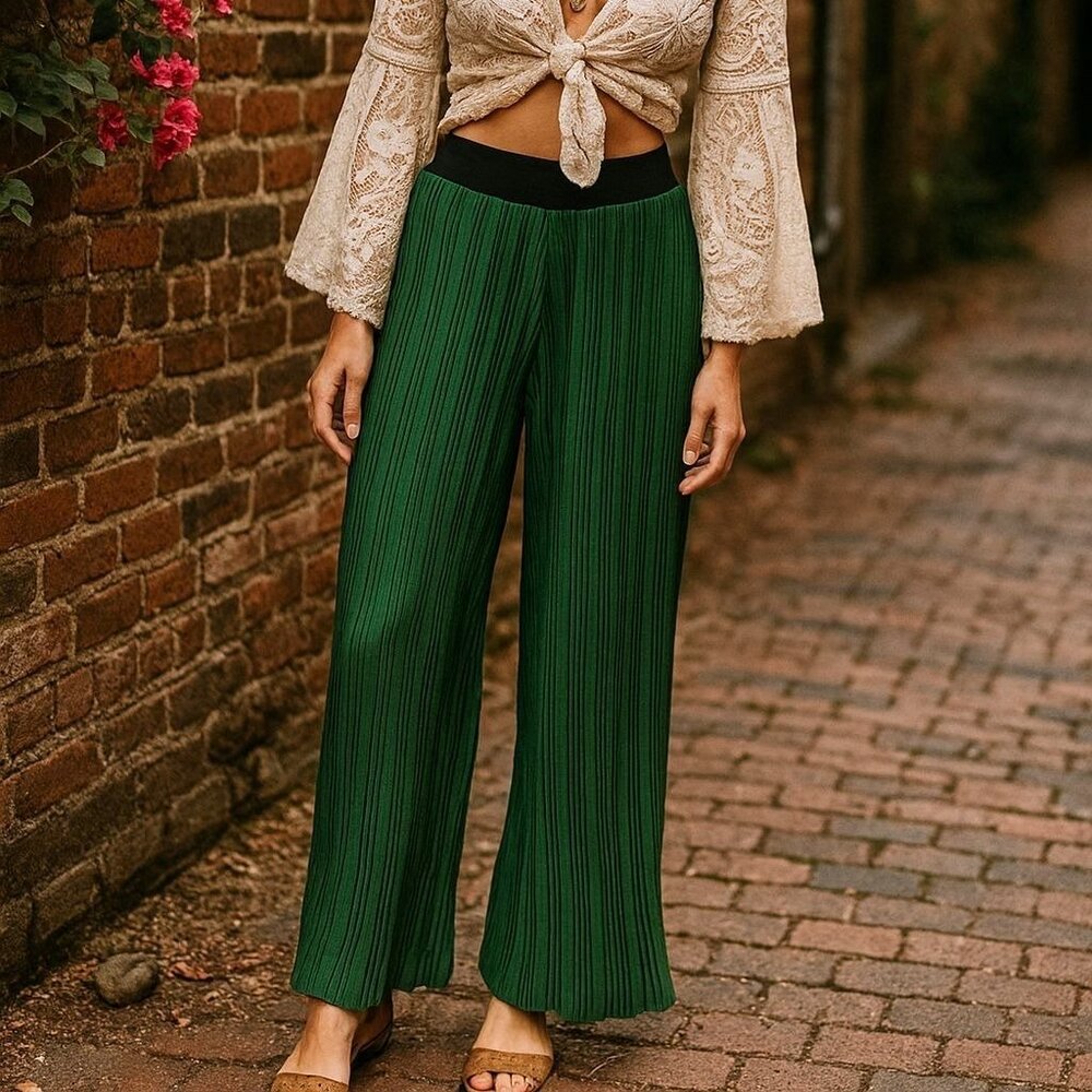 Forever21 Sm Retro Trousers Pleated Wide-leg Pants Elastic Waistband Green
